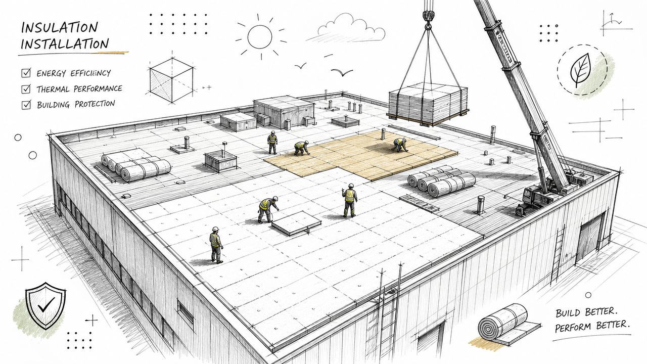 Construction workers installing insulation panels on a commercial building flat roof with a crane in the background.