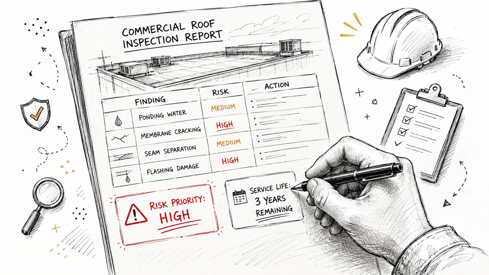 A hand filling out a commercial roof inspection report featuring a table of risks and repair actions.
