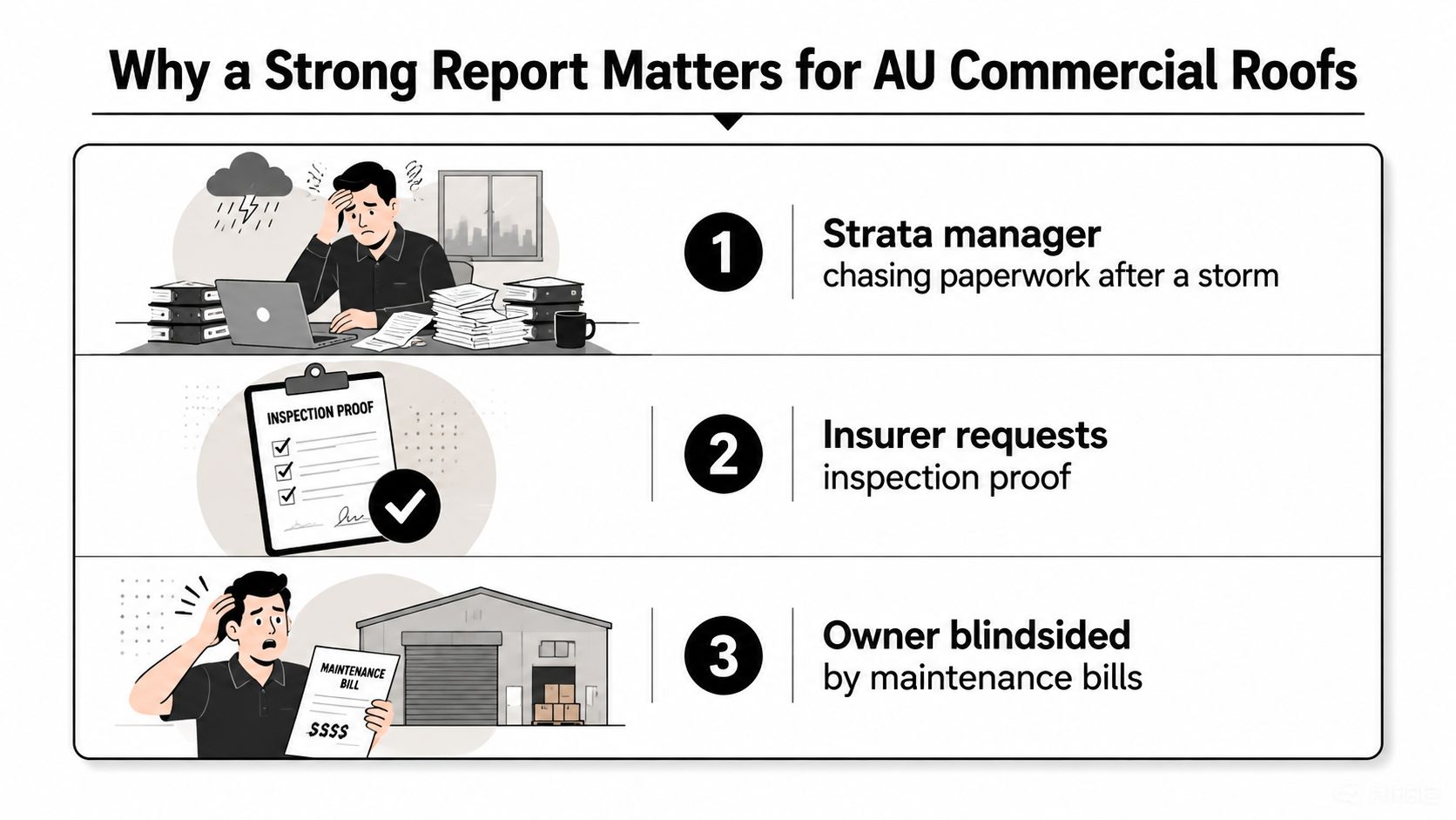 An infographic illustrating three reasons why a strong commercial roof inspection report is essential for property management.