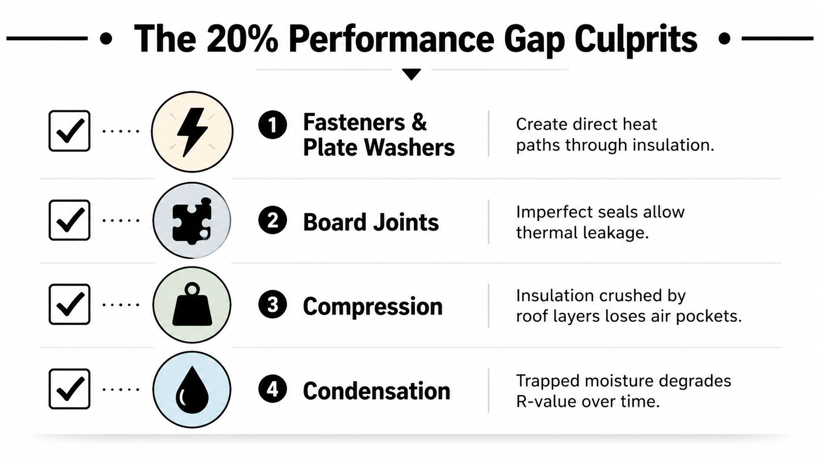 An infographic detailing four main causes for insulation performance gaps in commercial roofing systems.