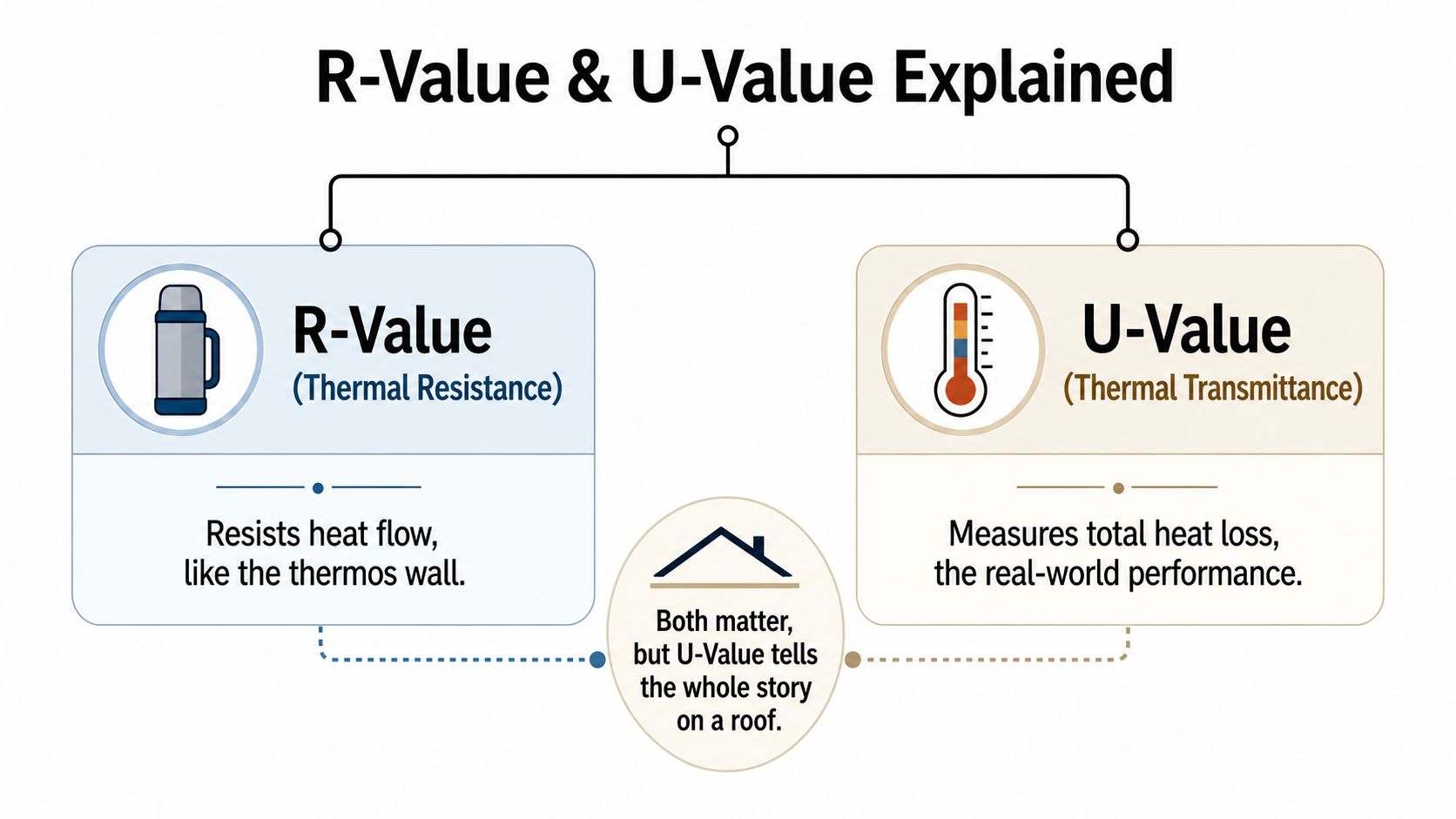 A diagram comparing R-Value and U-Value for thermal insulation performance in commercial roofing and building construction.