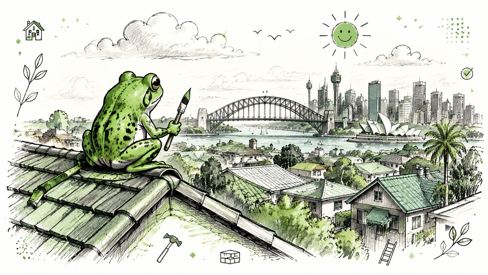 A whimsical illustration of a green frog with a paintbrush sitting on a house roof overlooking Sydney.