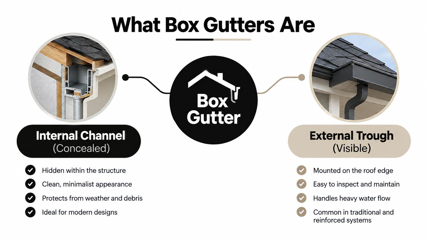 A diagram illustrating the differences between concealed internal channel box gutters and visible external trough gutters.