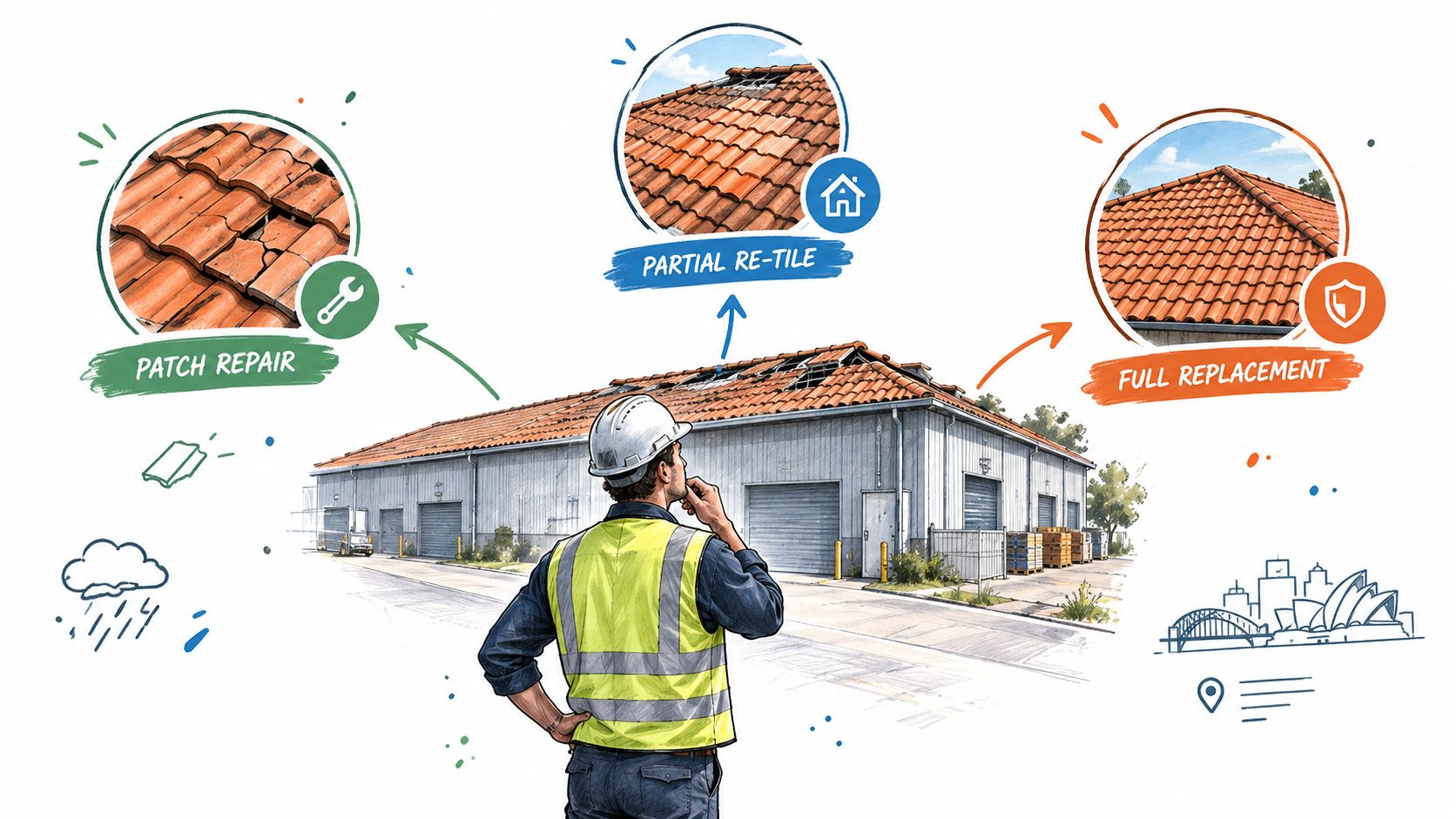 A construction worker inspecting a warehouse roof, considering options like patch repair, partial re-tile, and full replacement.