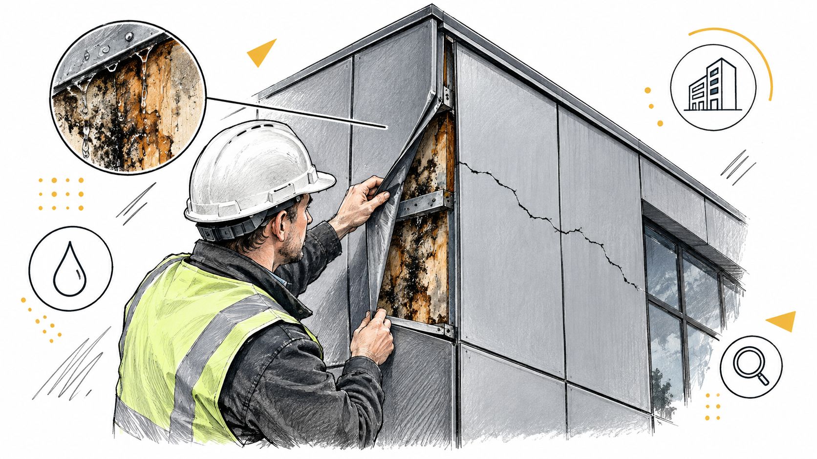 A construction worker inspecting water damage and mold behind a panel of modern building exterior cladding.