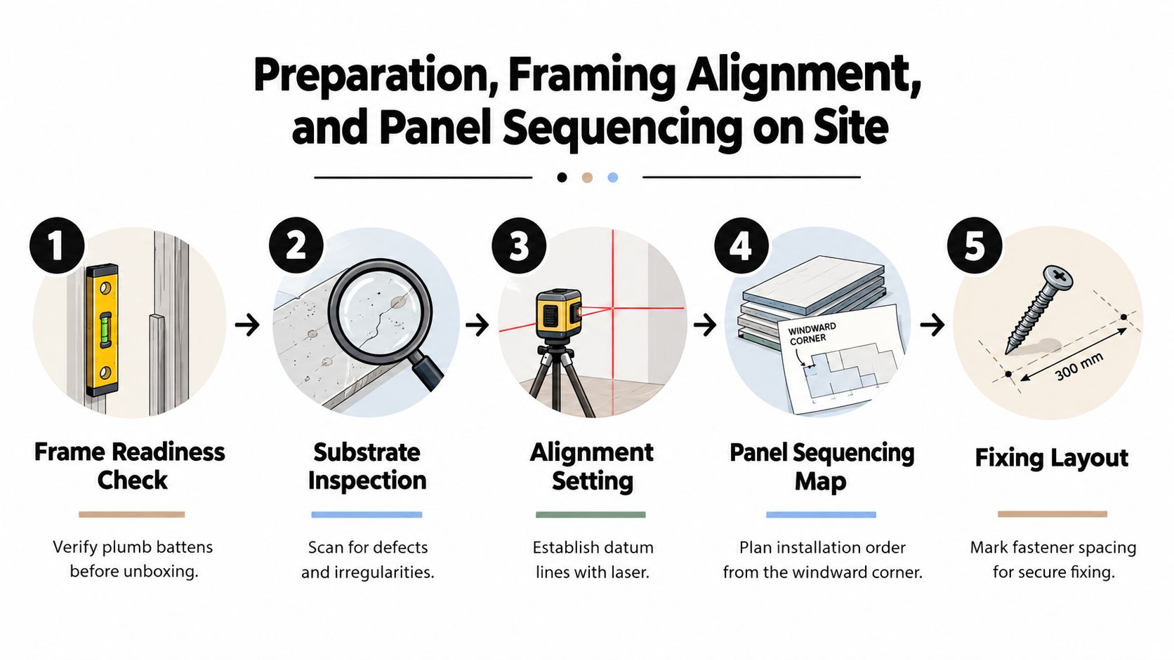 A five-step guide illustration showing the preparation, framing alignment, and panel sequencing process for construction cladding installation.