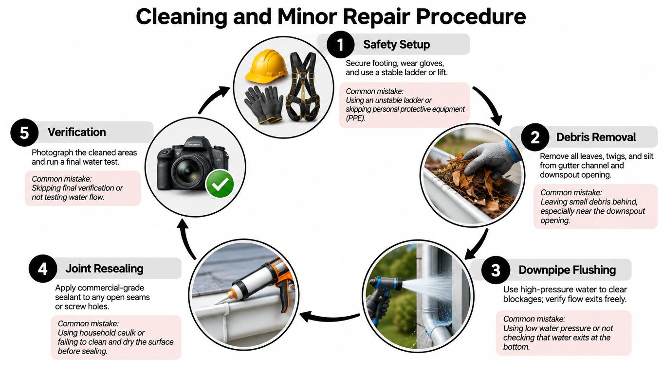 A five-step infographic illustrating the professional procedure for cleaning and performing minor repairs on roof gutters.