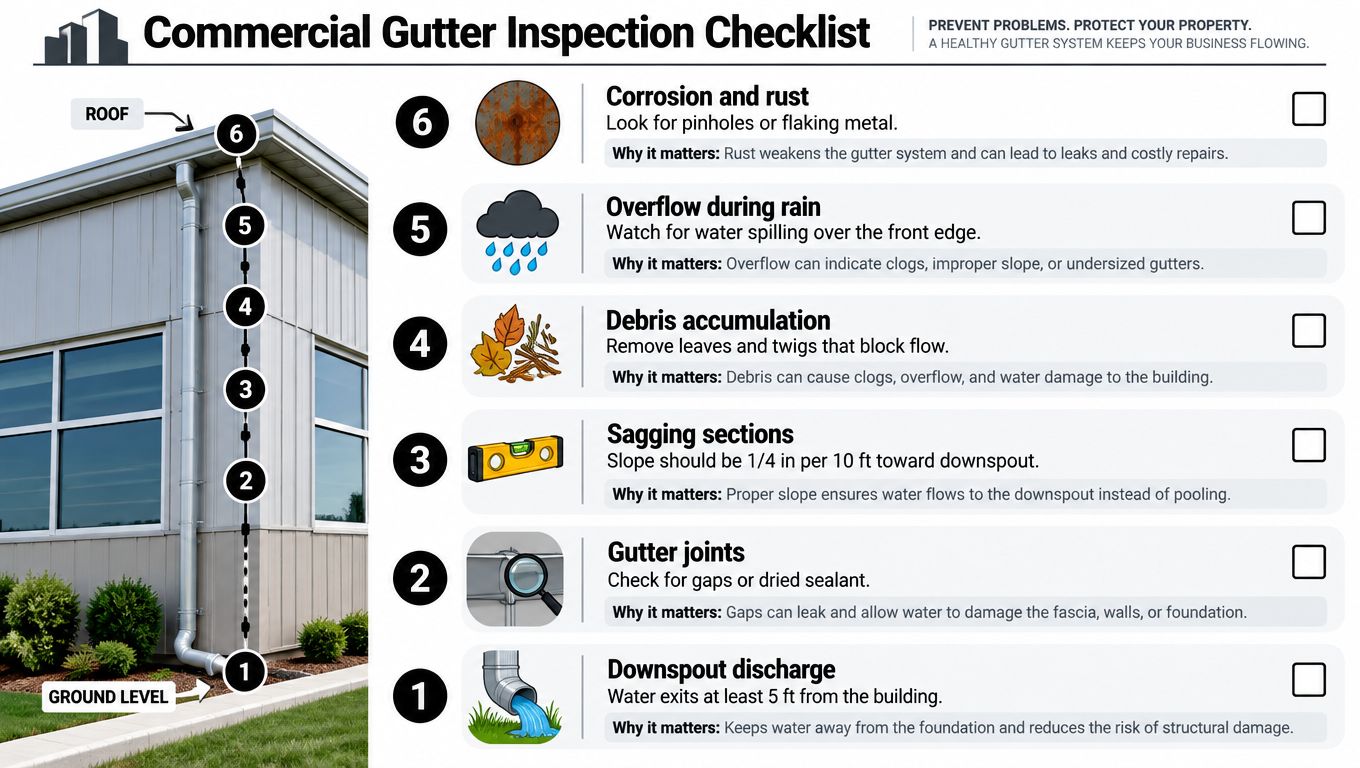 A commercial gutter inspection checklist showing numbered steps to maintain roof drainage systems and prevent water damage.