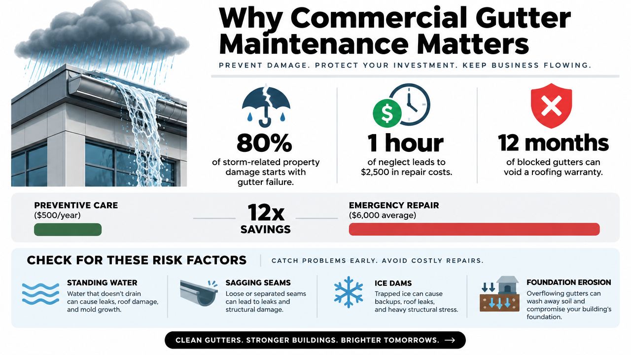 An infographic titled Why Commercial Gutter Maintenance Matters highlighting the importance of regular gutter care to prevent damage.