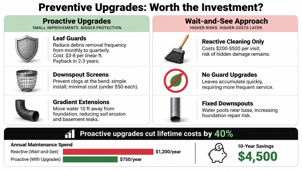 A comparison chart showing how proactive gutter upgrades save money compared to reactive maintenance over time.