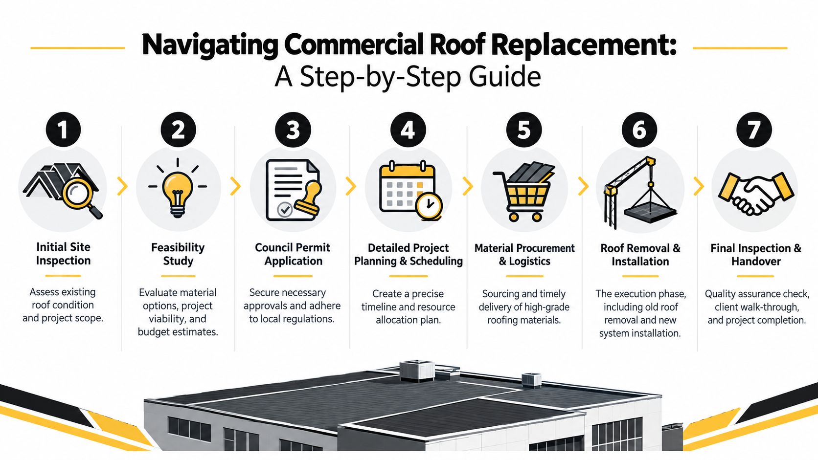 An infographic showing a seven-step guide for professional commercial roof replacement and installation project management.