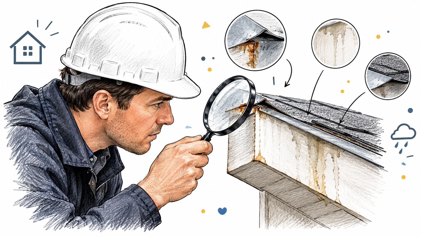 A professional construction inspector wearing a white hard hat examines damaged roof drip edge flashing with a magnifying glass.