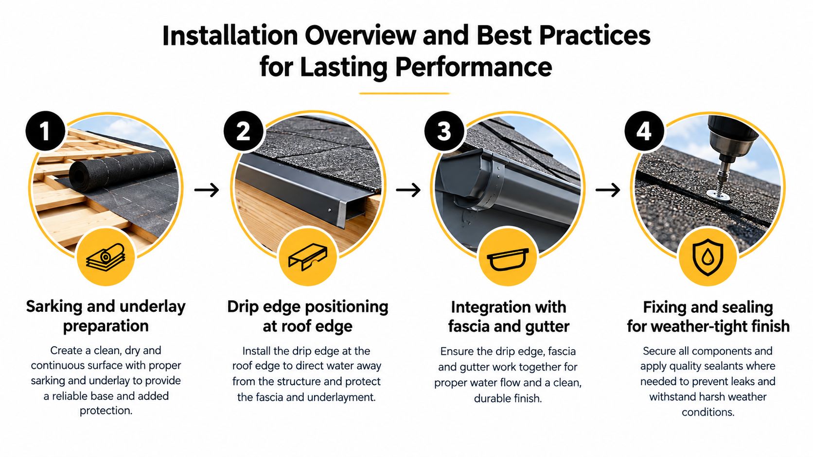 A step-by-step instructional graphic explaining the installation process for roof drip edge flashing and gutter systems.