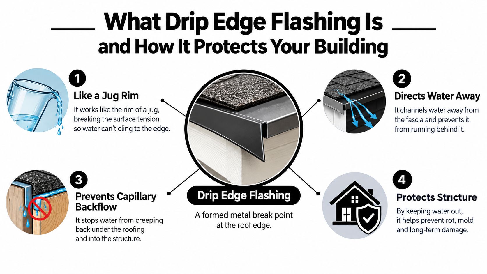 A diagram explaining how drip edge flashing protects a building's roof edge by directing water away.