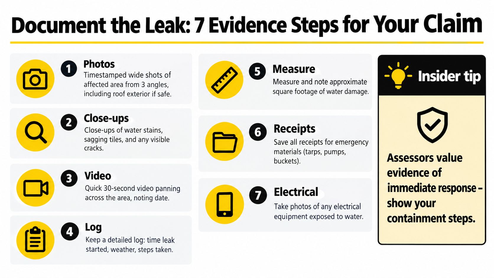 An infographic detailing seven essential steps to document a roof leak for an insurance claim.