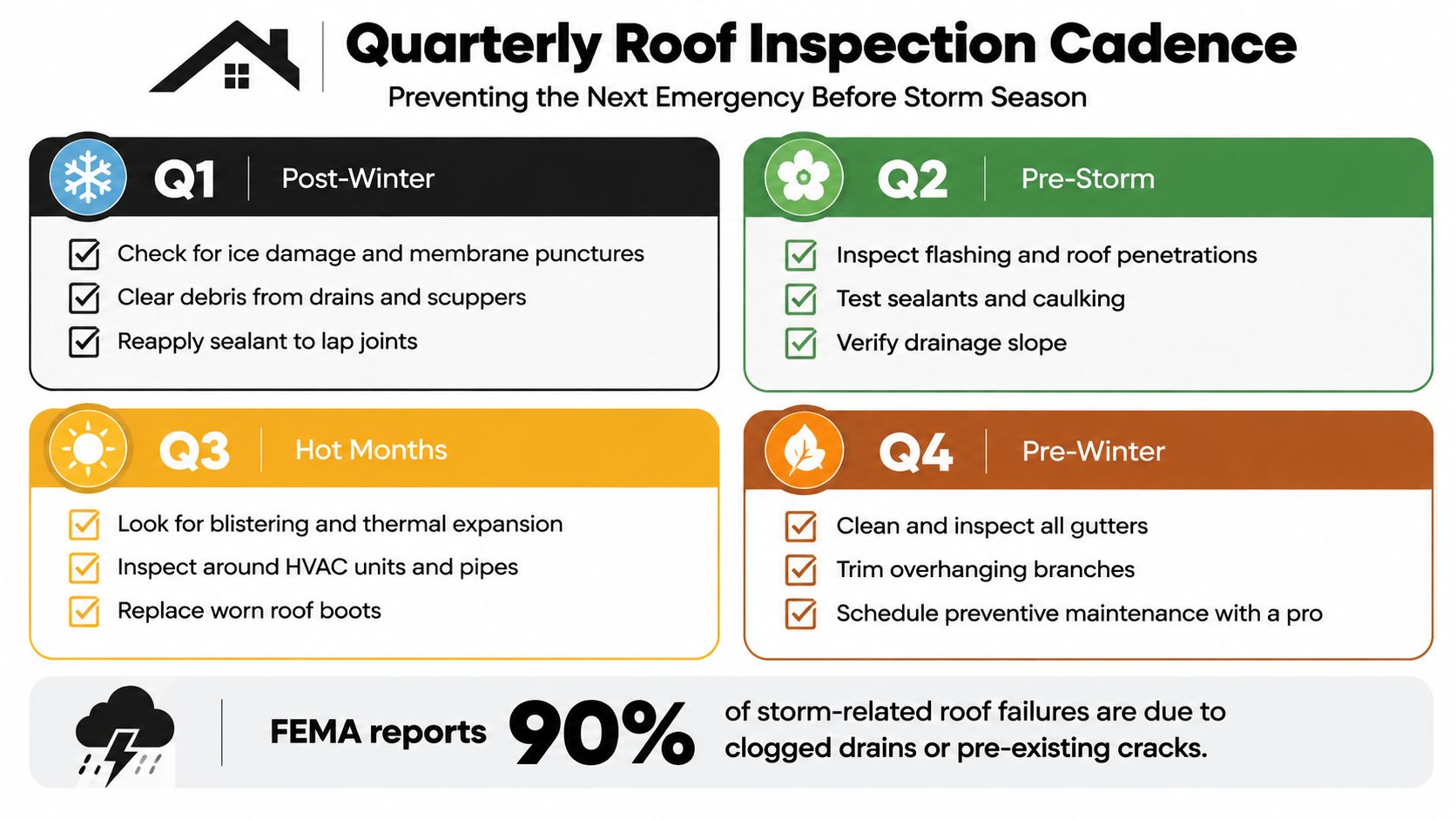 A quarterly roof inspection guide outlining essential maintenance tasks for every season to prevent storm-related roof damage.