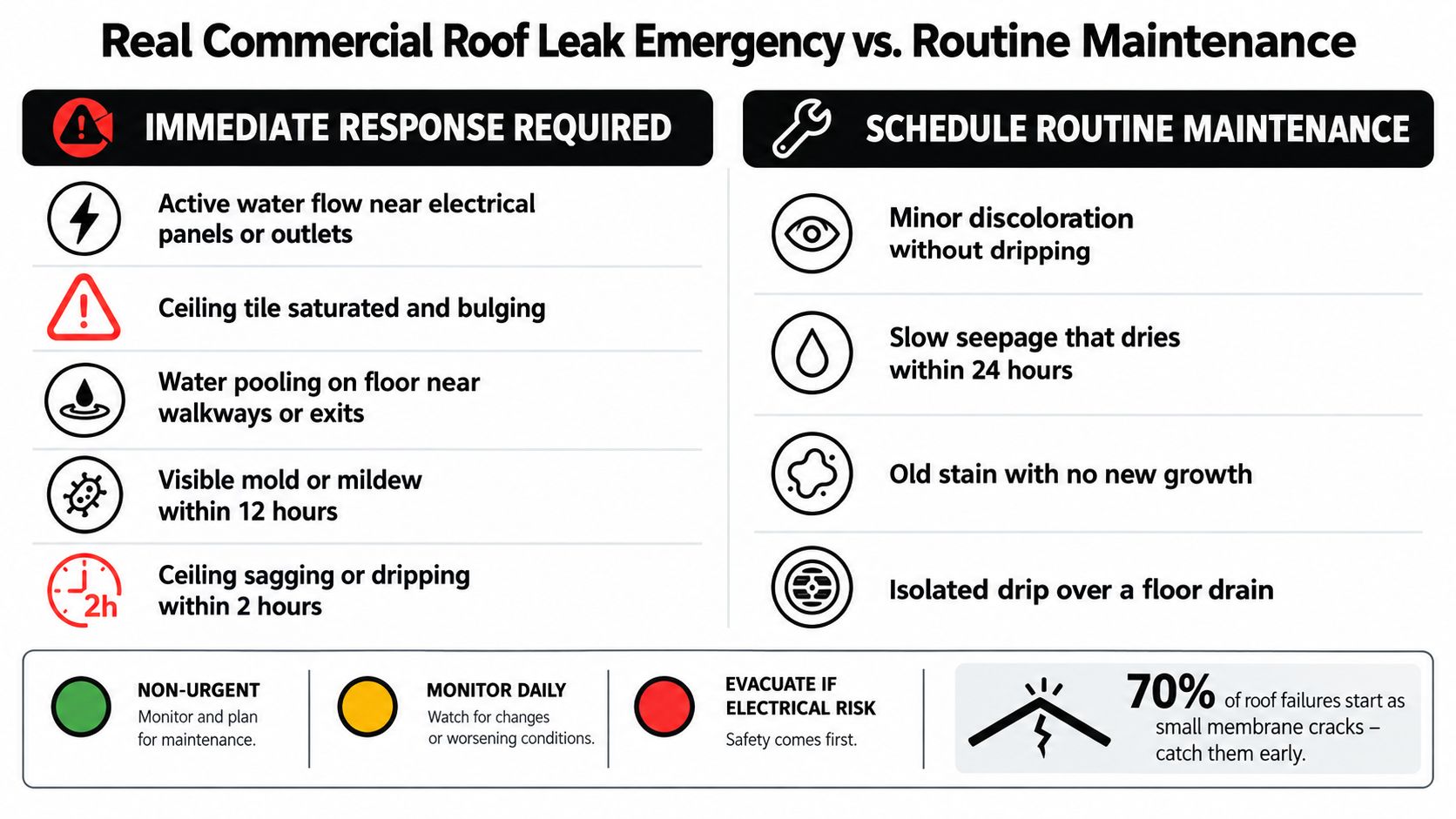 A safety infographic showing when to treat commercial roof leaks as emergencies or routine maintenance tasks.