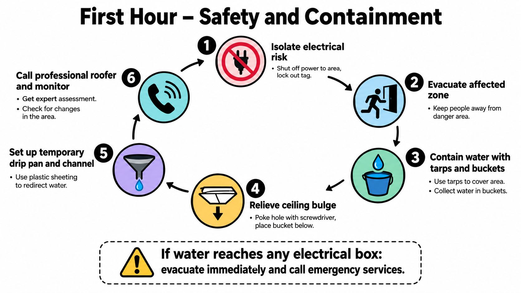 An infographic showing six steps for emergency roof leak safety and containment procedures for building owners.
