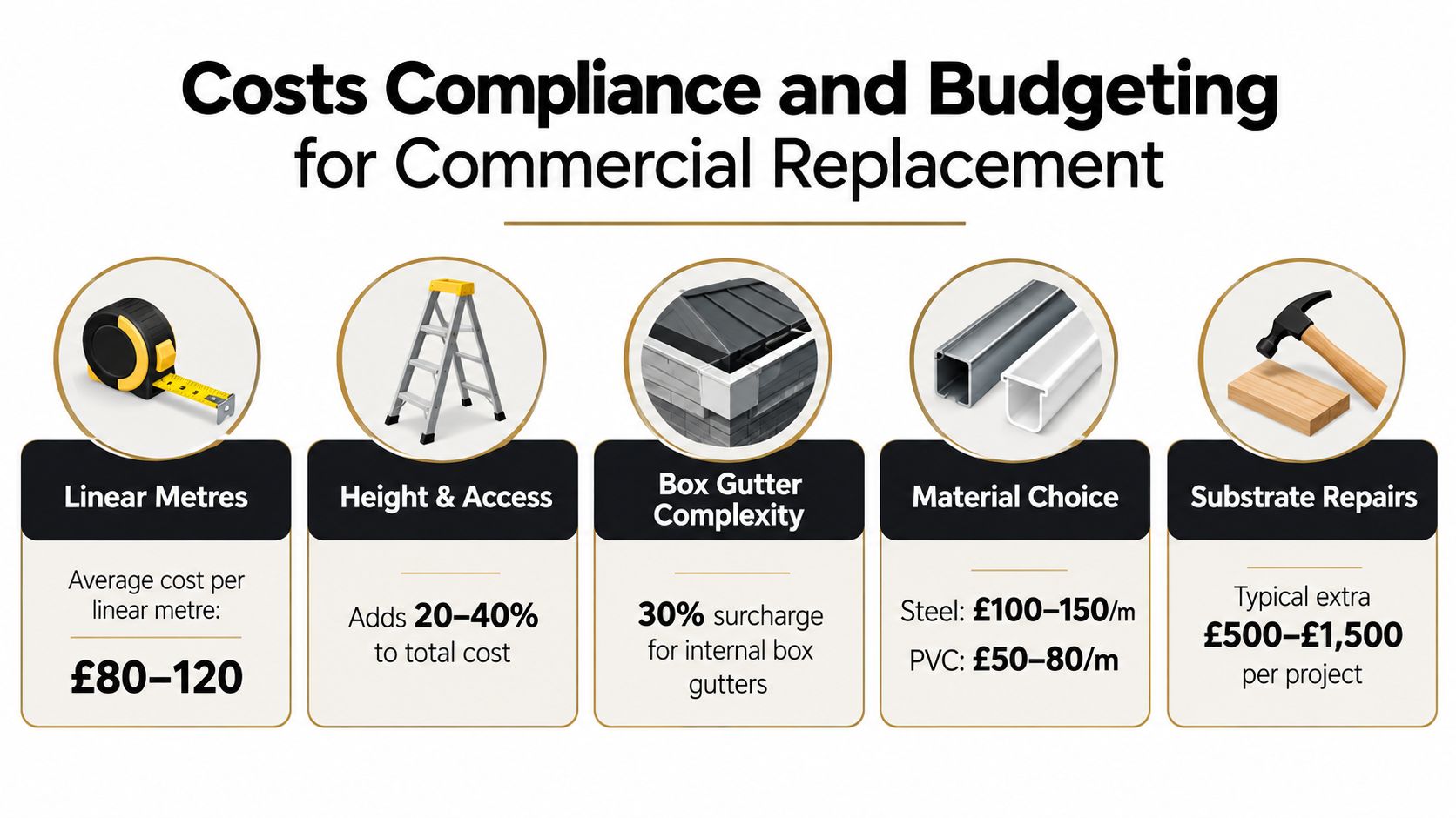 A graphic showing factors for commercial fascia and gutter replacement costs, including materials, access, and repairs.