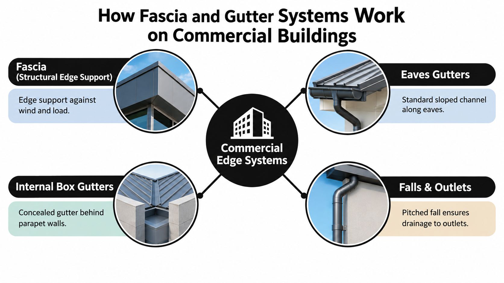An infographic showing the core components of commercial building fascia and gutter drainage systems.