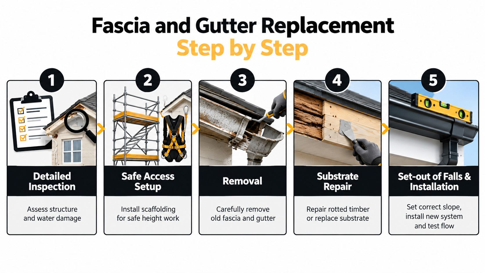 A step-by-step infographic illustrating the five stages of professional fascia and gutter replacement for residential homes.
