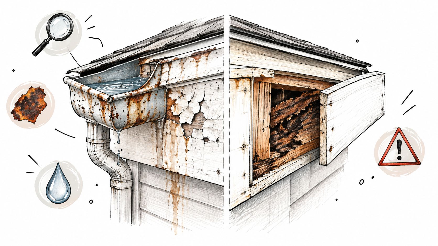 A split illustration showing a damaged, leaking roof gutter and severe wood rot inside the fascia board.