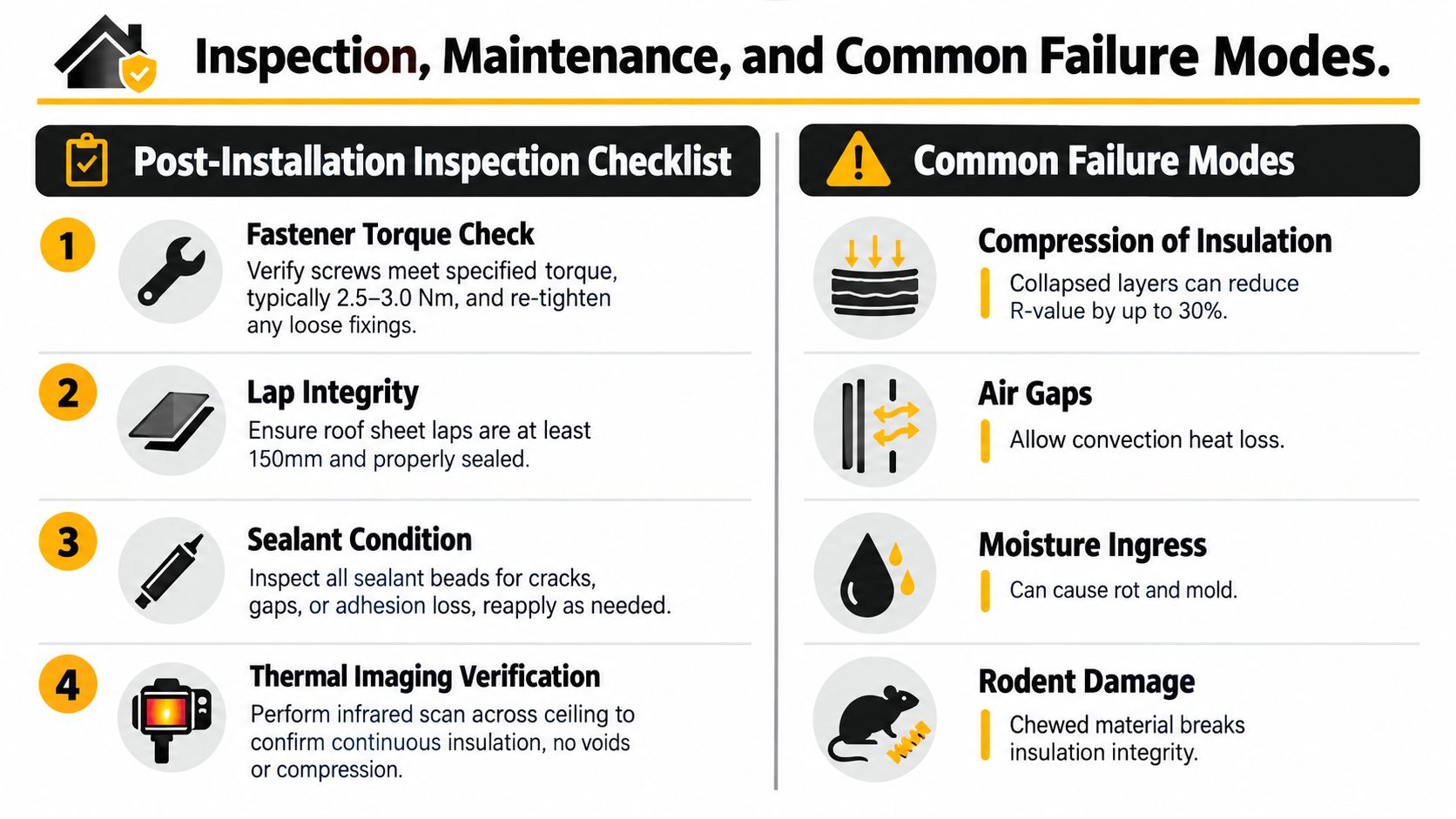An infographic detailing a post-installation inspection checklist and common failure modes for roof insulation systems.