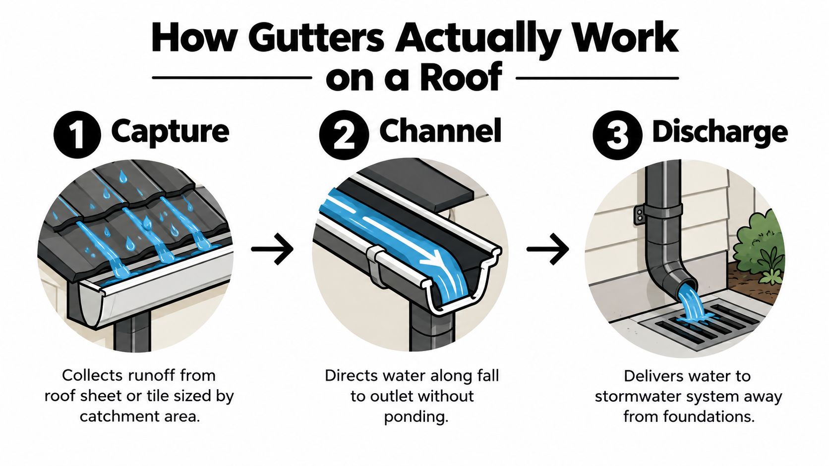 A diagram illustrating the three steps of how roof gutter systems function: capture, channel, and discharge.