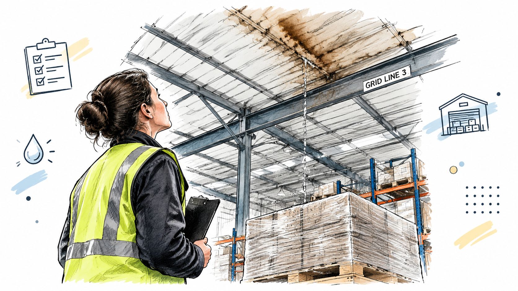 A warehouse inspector in a high-visibility vest examining a leaking ceiling in an industrial building.