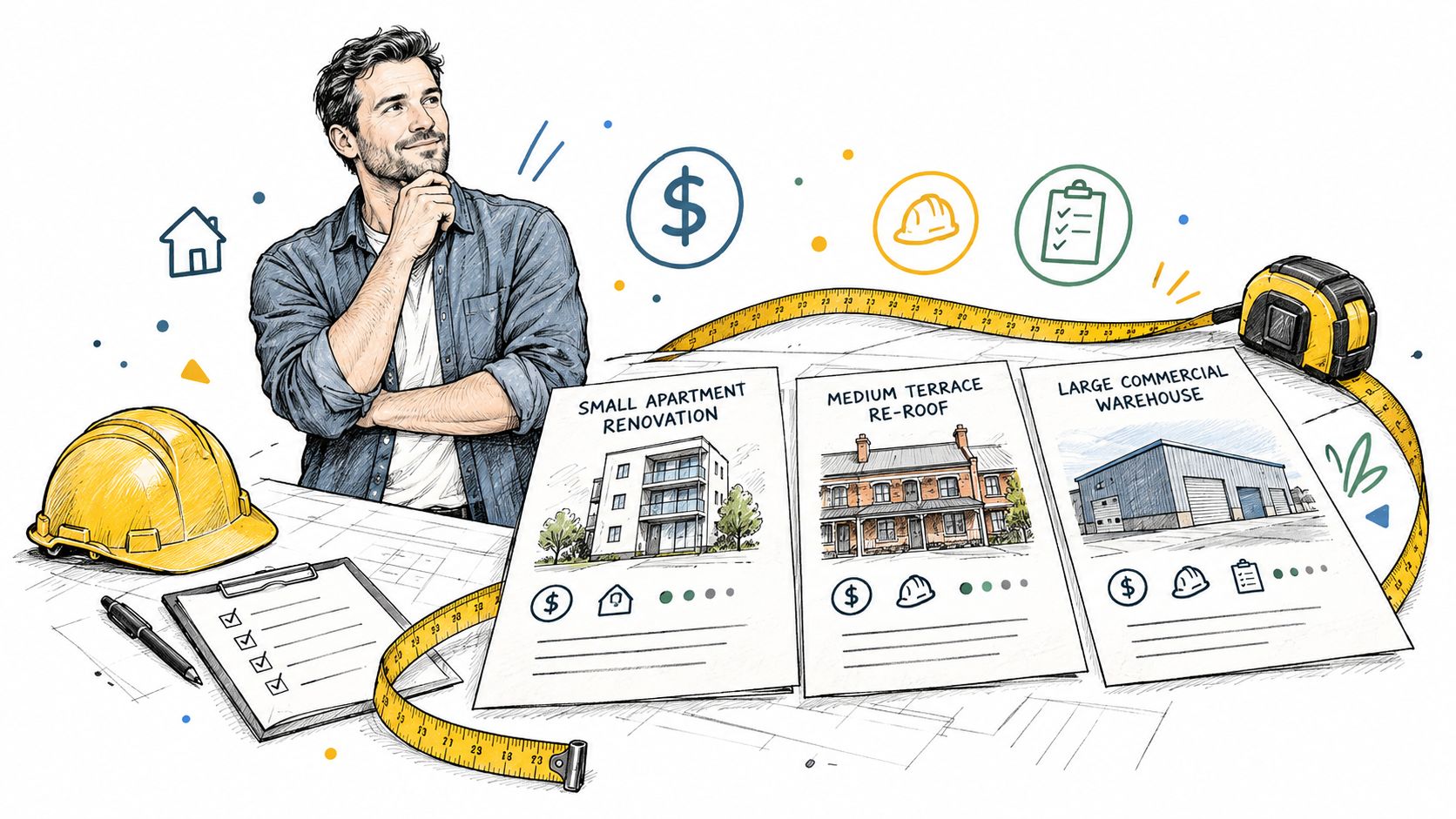 A construction manager contemplating different renovation project costs with plans, blueprints, and professional equipment on his desk.