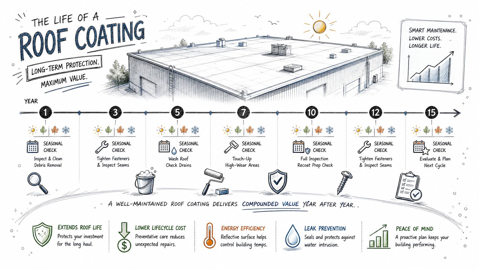 An infographic showing a 15-year maintenance timeline for industrial roof coating with seasonal checkup recommendations.