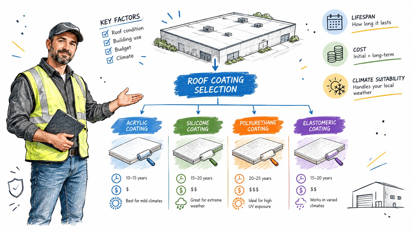 A professional contractor presenting a guide on selecting different types of industrial roof coatings for commercial buildings.