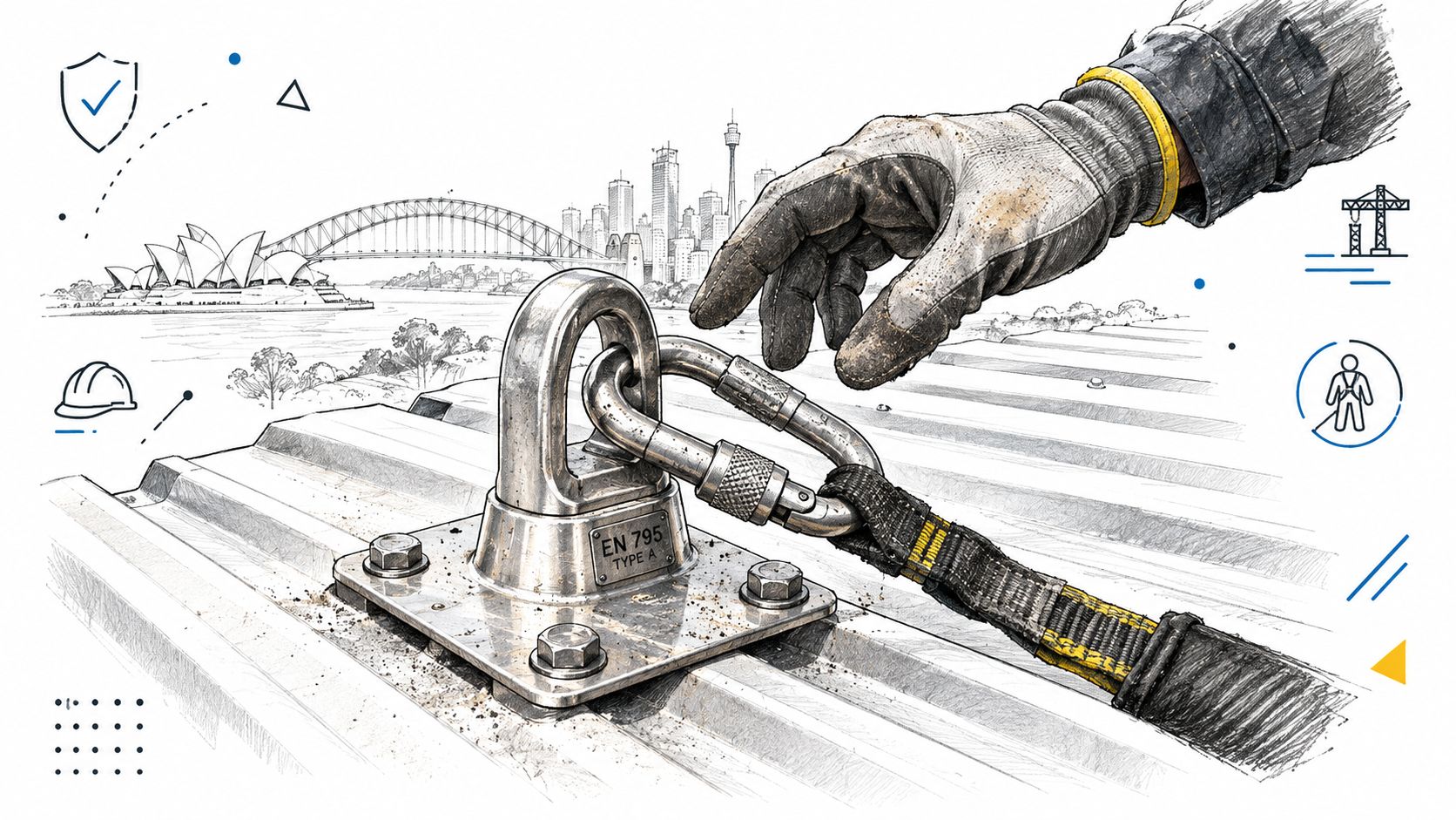 A close-up illustration of a worker's gloved hand attaching a safety carabiner to a roof anchor point.