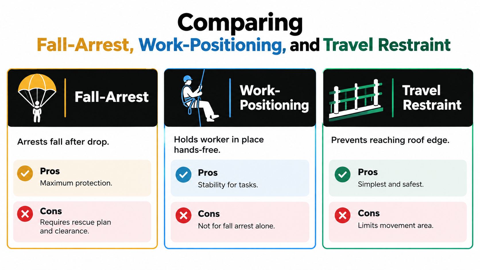 A comparison chart explaining the differences between fall-arrest, work-positioning, and travel restraint safety systems for roof work.