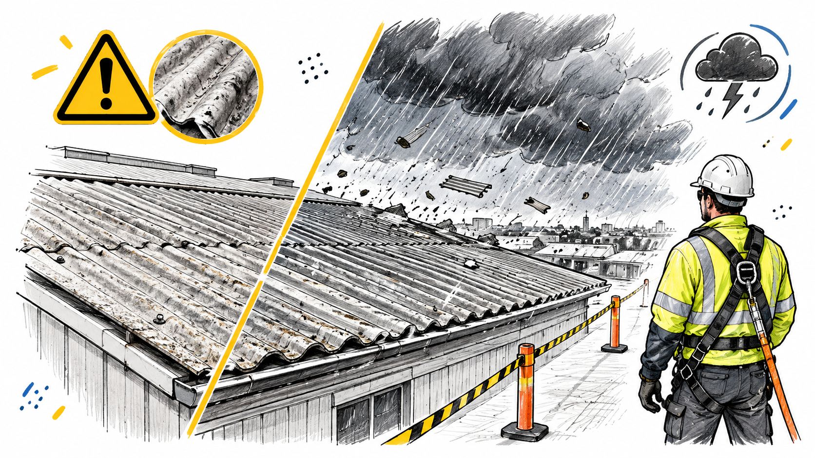 A professional inspector views a damaged, weathered roof during a severe storm with safety equipment nearby.