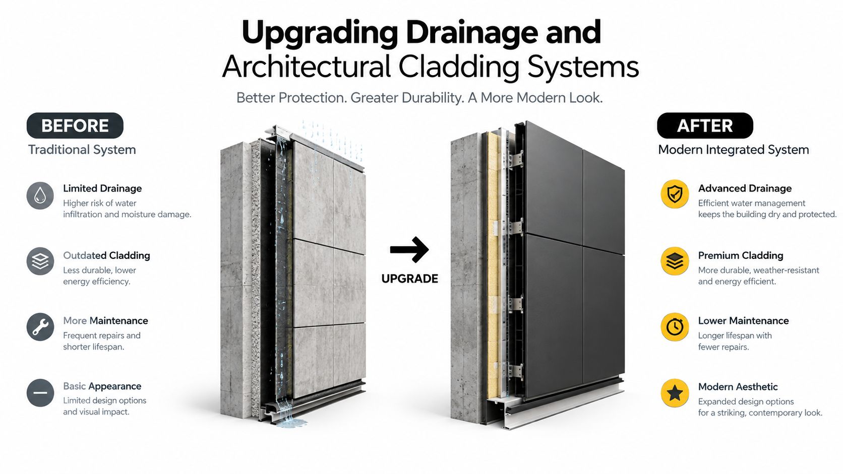 A diagram comparing traditional building drainage cladding systems with modern integrated systems for better protection and durability.