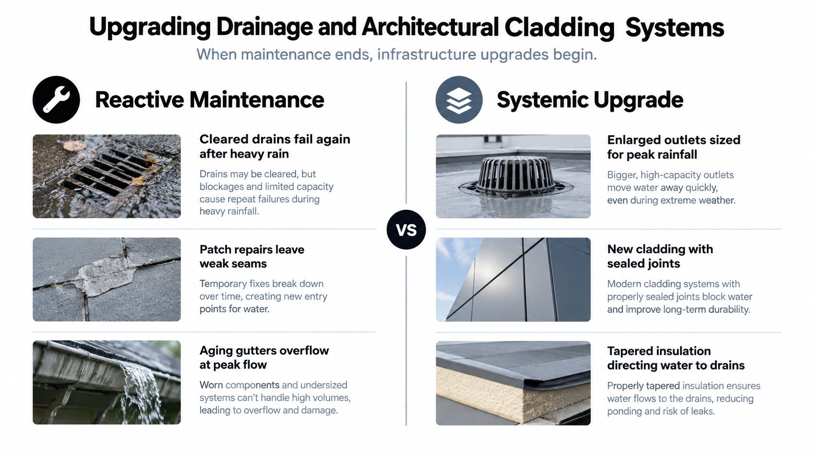 A comparison chart showing the differences between temporary reactive maintenance and proactive systemic upgrades for drainage and cladding.