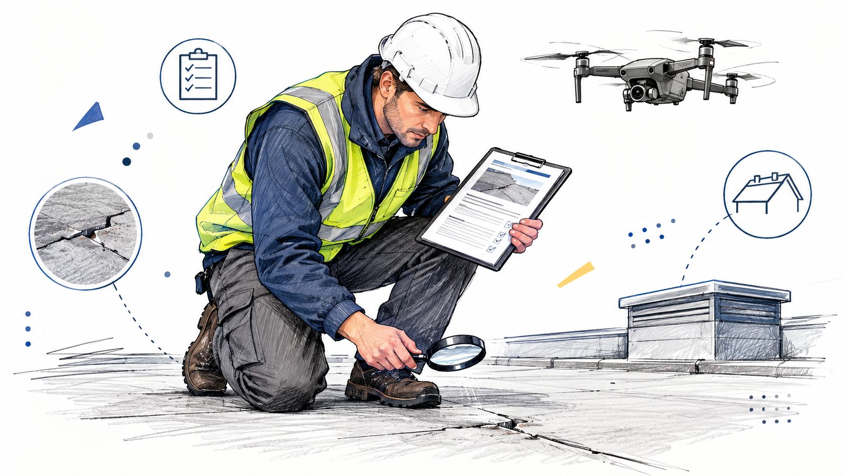 Professional building inspector examining roof cracks with a magnifying glass while a drone surveys the property.