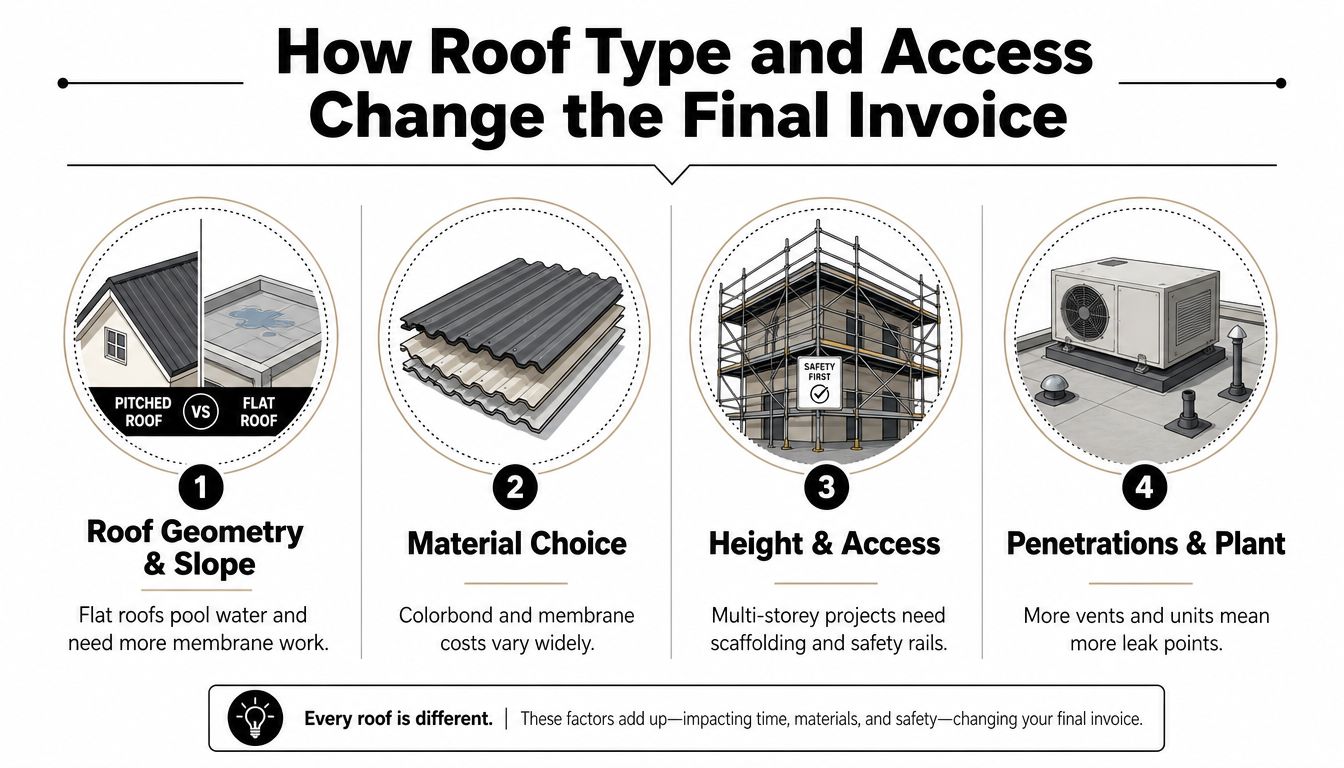 An infographic showing four key factors that influence roof leak repair costs and project pricing.