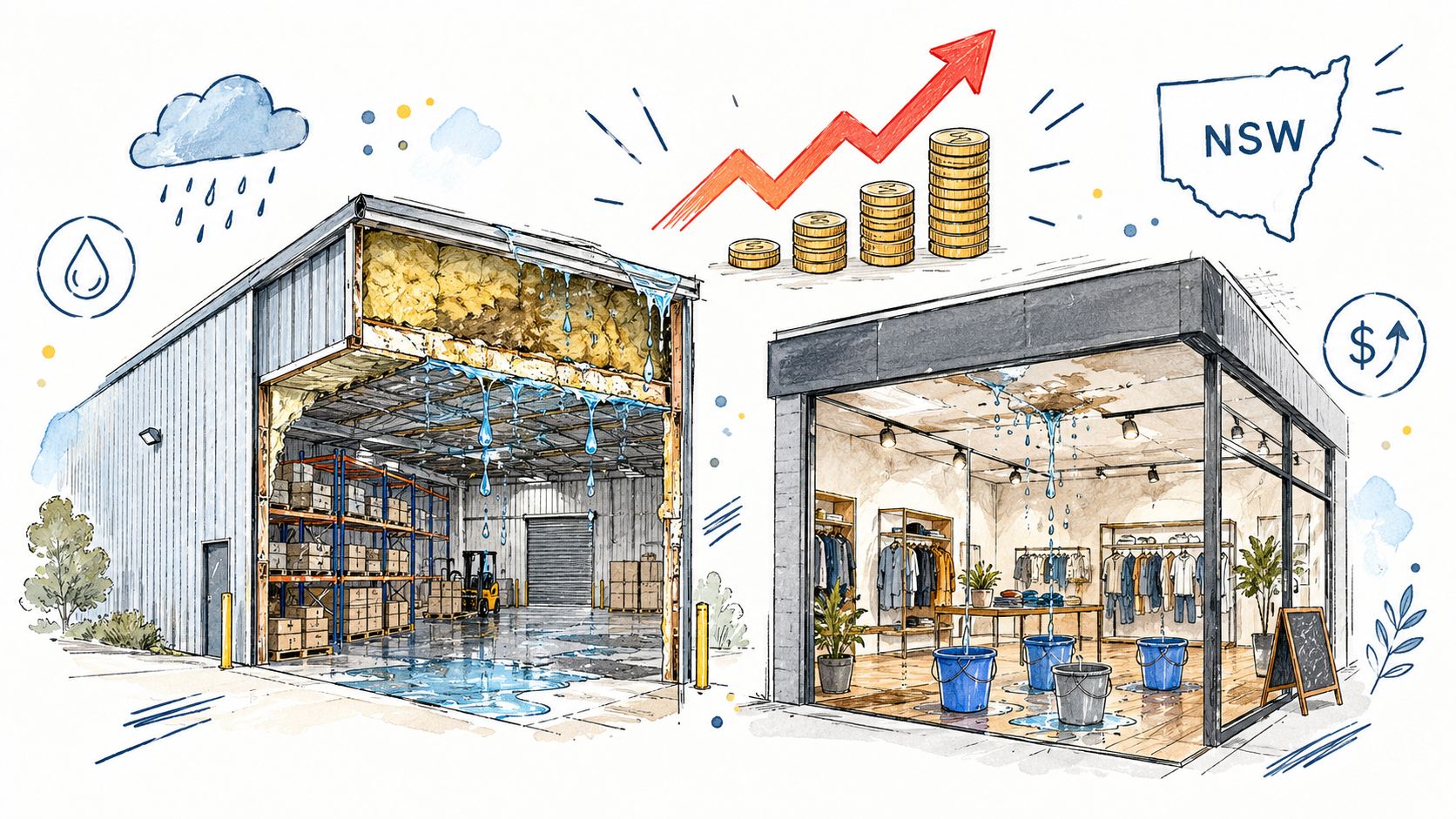 A warehouse and retail store experiencing severe roof leaks with water dripping into buckets during rain.