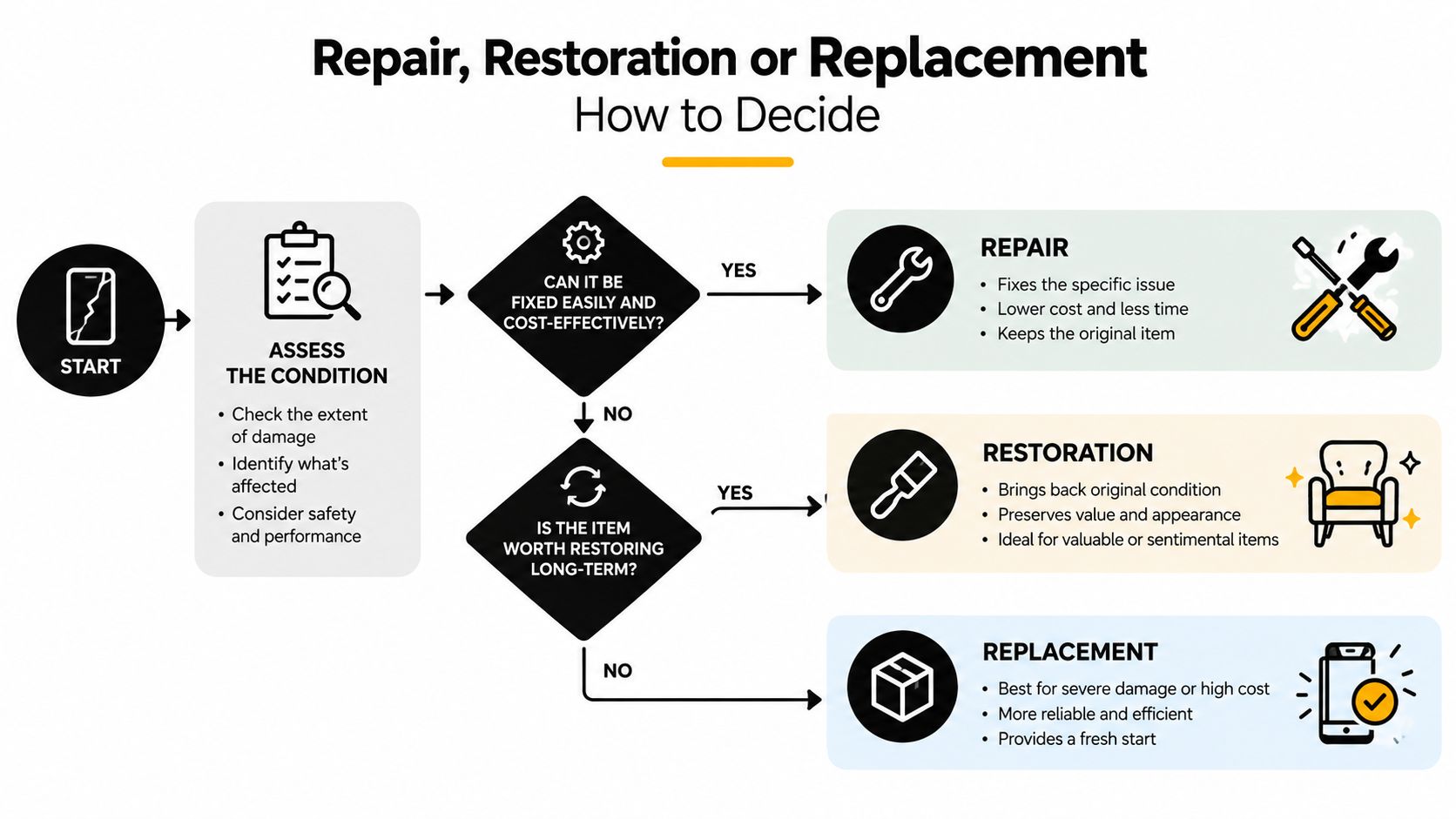 A flowchart titled Repair, Restoration or Replacement showing how to decide between fixing or replacing damaged items.