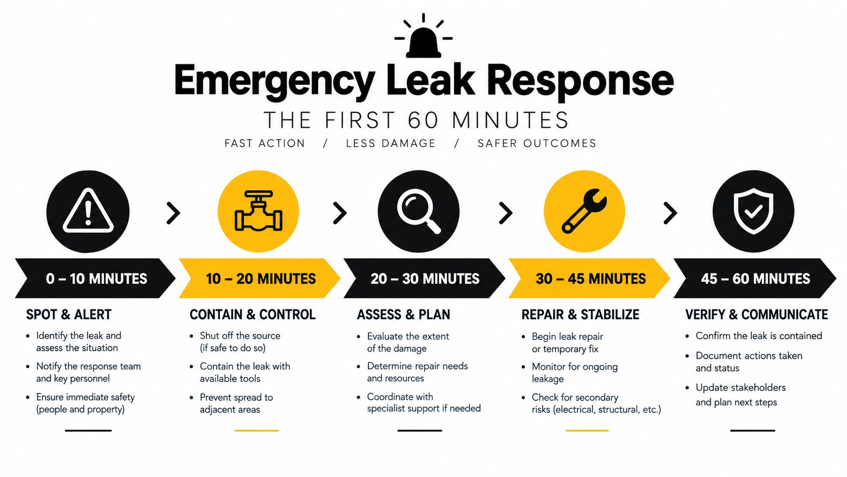 An infographic detailing a five-step emergency leak response plan to be followed within the first 60 minutes.