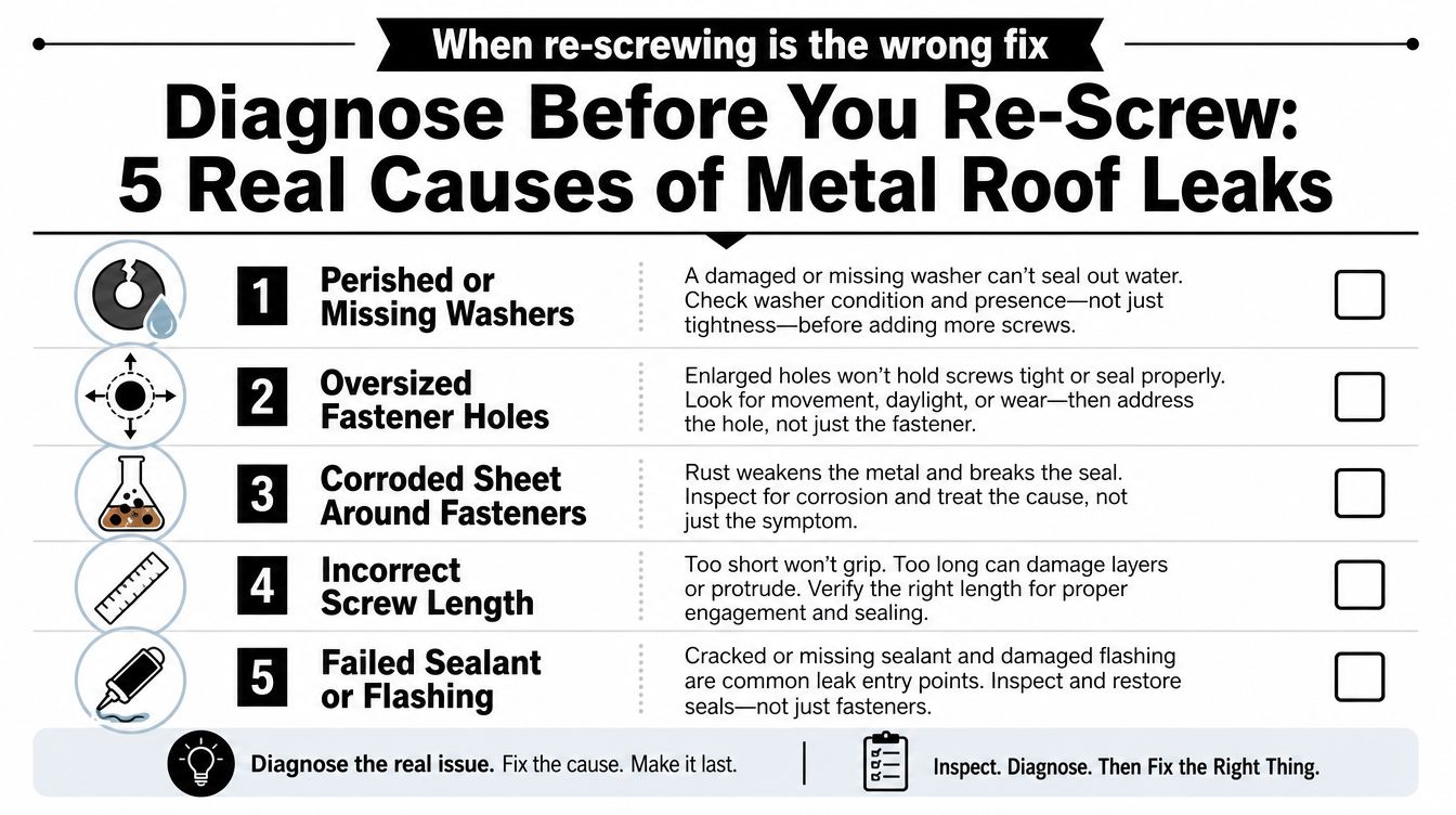 An infographic titled Diagnose Before You Re-Screw listing five common causes for metal roof leaks.