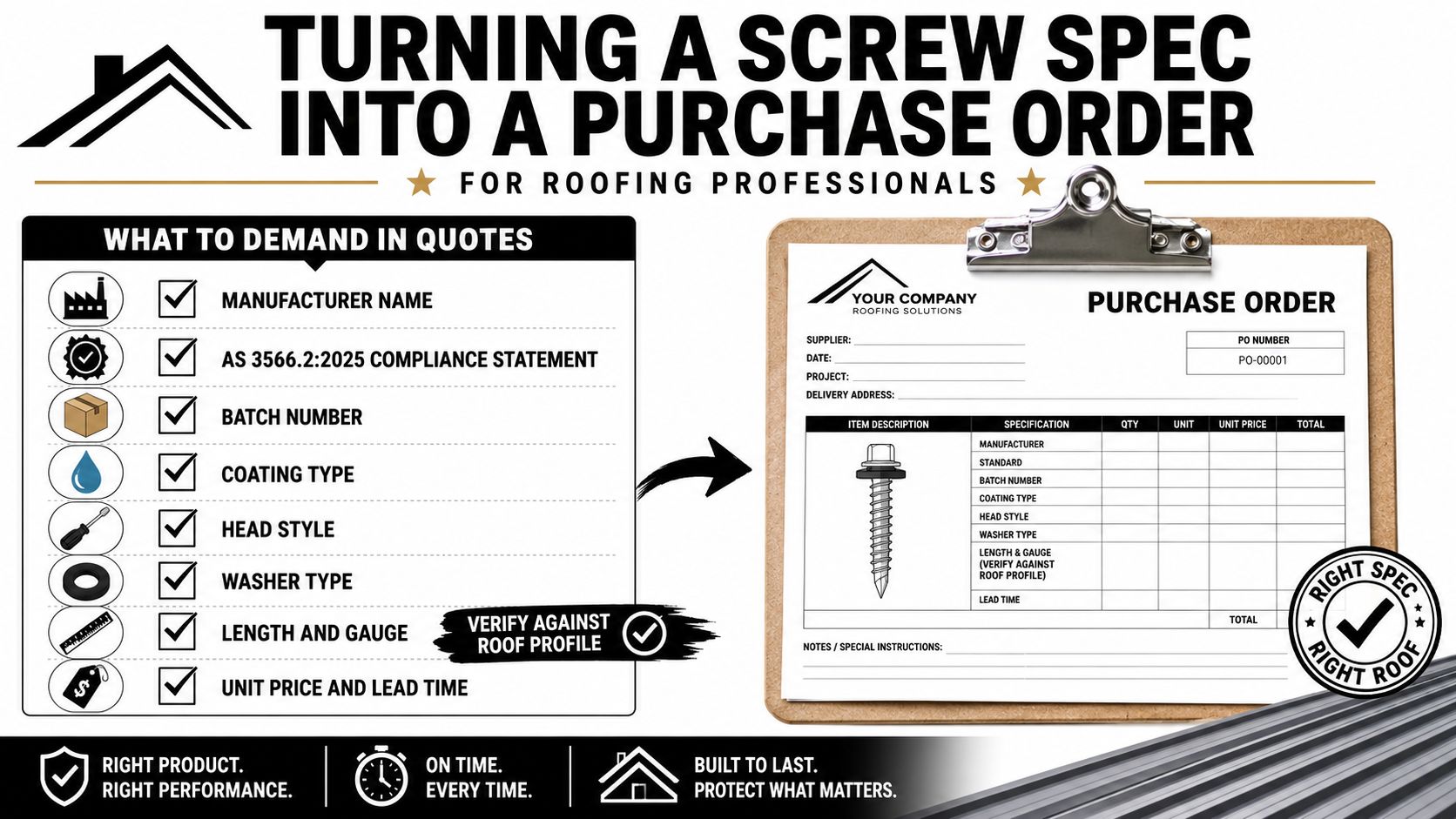 An infographic showing roofing professionals how to turn a screw specification into a detailed purchase order document.