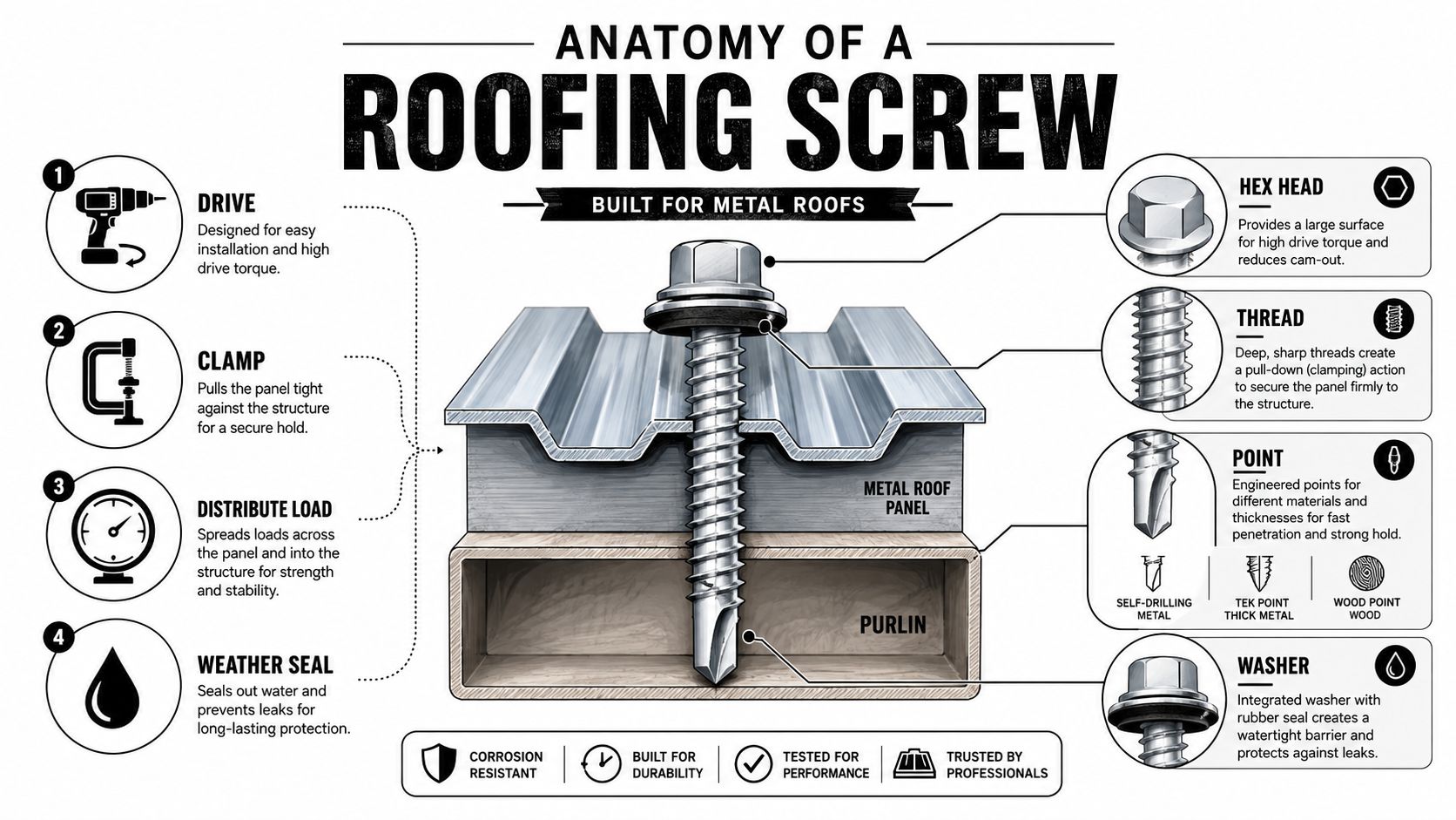 A detailed diagram illustrating the anatomy and structural features of a roofing screw for metal roofs.