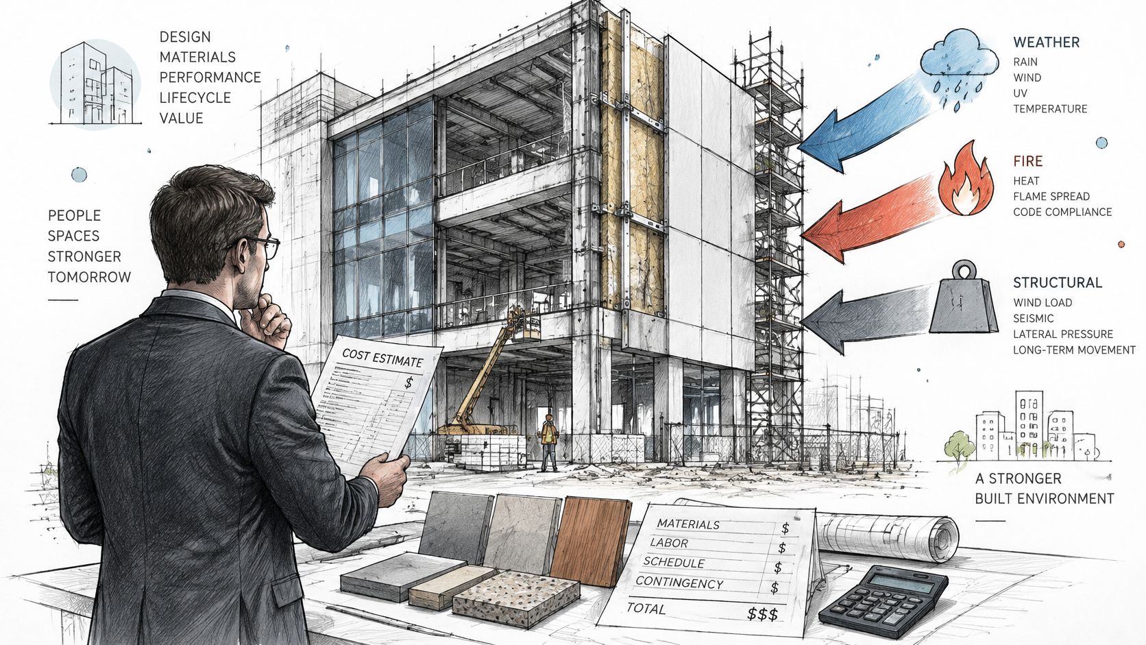 An architect in a suit reviewing construction site plans and cladding material samples for a building project.