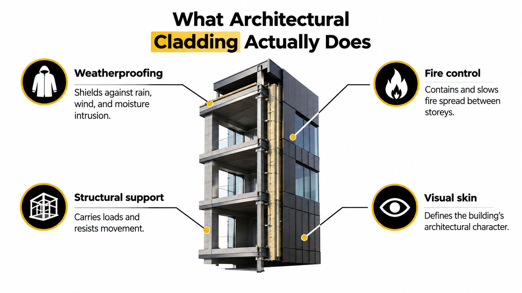 A diagram illustrating the functional roles of architectural cladding in building construction including weatherproofing, fire control, and aesthetics.
