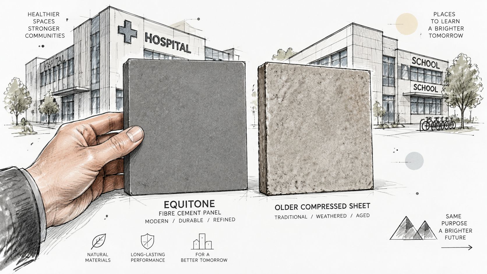 A hand holding an Equitone fibre cement panel next to an older compressed sheet with architectural sketches.