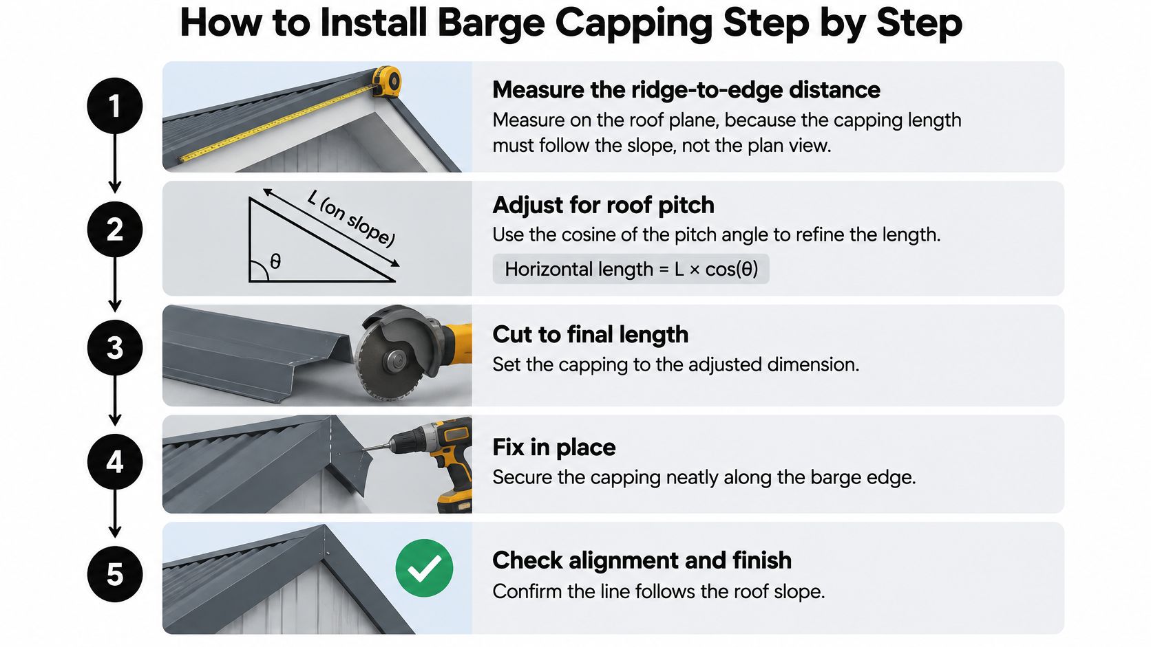 A step-by-step instructional infographic showing how to properly measure, cut, and install roof barge capping.