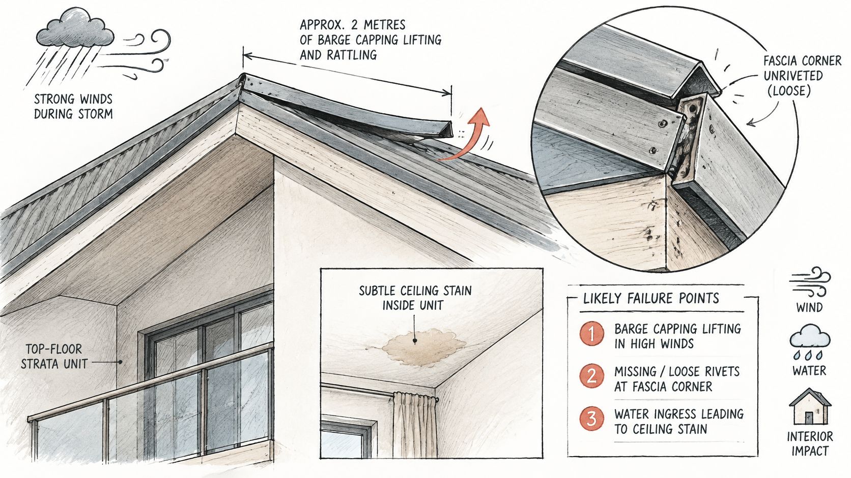 A diagram illustrating storm damage to a roof, featuring lifting barge capping and interior ceiling water stains.